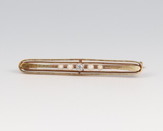 A gold marked 15ct diamond and pearl set brooch 4.5cm w, 2.6g