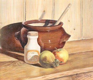 James Scrase (British, b.1937), Still Life with Apples and Ceramics on a wooden Table, oil on board, 25cm x 29cm, within a stained wood frame.