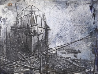 Alvaro Petritoli (Italian, b.1967), Drydock with Figures, mixed media screenprint with acrylic, signed, 30cm x 41cm, within a painted wood frame.