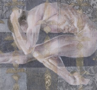Susan Macarthur (British, b.1952), Hunched Male Figure, 21st century stitched textile, oil and collage on canvas, signed, 28cm x 30cm, within a stained wood frame.	