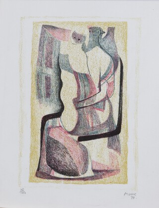 **Henry Moore (British, 1898-1986), "Seated Mother and Child", lithograph in four colours on Barcham Green wove paper, signed, dated '73 and editioned 28/100 in pencil, published by Gerald Cramer, Geneva and printed by the Royal College of Art, 30cm x 23cm, within a stained wood frame. References: CGM 294 **Please note that Artists Resale Rights may be payable on this lot