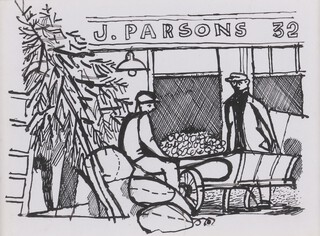 **Keith Vaughan (British, 1912-1977), Covent Garden Market, ink on paper, 12cm x 16cm, within an ebonised frame. Provenance: Gwen Hughes Fine Art. Note: This work was commissioned for the inaugural edition of Opera magazine.**Please note that Artists Resale Rights may be payable on this lot