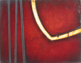 Amanda Wallwork (British, b.1957), "Three Black Paths", oil on plaster and board, signed with initials recto, titled and dated 2007 verso, 30cm x 38cm, within a painted wood frame.
