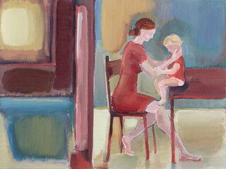 **Lindsey Hambleton (British, b.1978), "Mother and Child", oil on panel, signed, titled and dated 2011 verso, 37.5cm x 50cm, within a painted wood frame.*Please note that Artists Resale Rights may be payable on this lot 
