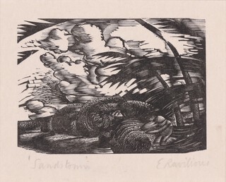 Eric Ravilious (British, 1903-1942), "Sandstorm", wood engraving on Japan paper, signed and titled in pencil, 9cm x 11cm, within a stained wood frame.
