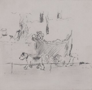 **Laurence Stephen Lowry (British, 1887-1976), "The Pram", pencil, signed with initials, 14cm x 14.5cm, within an ebonized frame. Provenance: West Eleven Gallery, Notting Hill.	Please note: Artist's resale rights are payable on this lot
