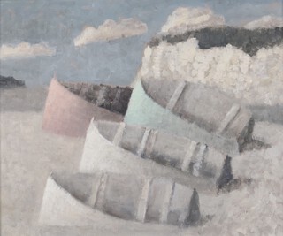 **Nicholas Turner (British, b.1972), "Four Boats and a Cliff", oil on board, signed, titled and dated 2012 verso, 23.5cm x 28.5cm, within a painted wood frame.	**Please note that Artists Resale Rights may be payable on this lot 
