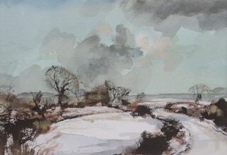 **Rowland Hilder (British, 1905-1993), "Snow in Kent", watercolour, signed, 15.5cm x 23.5cm, within a painted wood and gilt frame. Provenance: Frances Iles, 2006.**Please note that Artists Resale Rights may be payable on this lot 