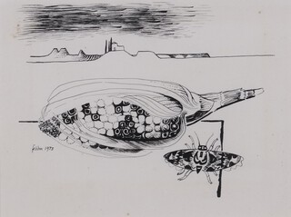 **Mary Fedden (British, 1915-2012), Landscape with Moth and Corn, pen with ink, signed and dated 1973, 15cm x 20cm, within an ebonized frame. Provenance: Dreweatts 14th December 2010, lot no.91; Abbott and Holder.**Please note that Artists Resale Rights may be payable on this lot 