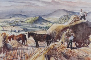 **Dame Laura Knight (British, 1877-1970), "Gathering Corn" ("Harvesting"), watercolour, signed recto, title and exhibition labels verso, 22.5cm x 38.5cm, within a gilt frame. Provenance: Bonhams Modern Pictures, 18th May 2010, lot no.156.	**Please note that Artists Resale Rights will be payable on this lot 