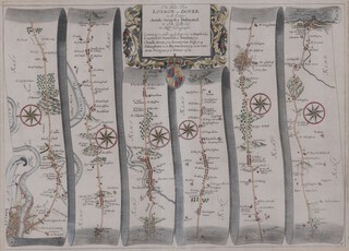 John Ogilby (British, 1600-1676) "The Road from London to Dover" (Ribbon Map), late 17th century engraving with later hand-colouring on laid paper, 38cm x 48cm, within an ebonized frame.