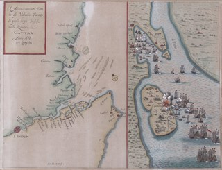 Gaspar Bouttats (1625-1695), "Lâ€™abbrucciamento fatto dagli, vascelli Olandesi di quelli de gli Inglesi nella rÃ©uÃ©era di Cattam anno 1666 24 di agosto" (the tussle by Dutch ships against those of the English in the Chatham reef), 17th century engraving with later hand-colouring, 32cm x 42cm, within a stained wood frame. Note: scarce, only two other examples are known, one in the collection of the British Library and one was with antique map dealer Bryars & Bryars in 2017.