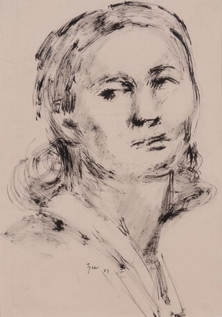 **William Gear (British, 1919-1997), Portrait of a Lady, pen with ink, signed and dated 1937, 28.5m x 20cm, within a frame. Provenance: Bonhams. **Please note that Artists Resale Rights may be payable on this lot 
