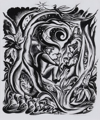 Cathie Bleck (American, Contemporary), Mystical Woodland Scene, scraperboard with ink, signed in pencil, 25.5cm x 21cm, within an ebonised frame.