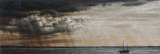 **Sarah Spencer (British, b.1965), 'Whitstable Evening with Boat', oil on board, signed, titled and dated 2002 verso, 9cm x 27cm, within a painted wood frame. **Please note that Artists Resale Rights may be payable on this lot 