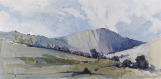 Tony Knight, Sussex Landscape, oil on canvas, signed, 44cm x 90cm, within a hessian and stained wood frame.