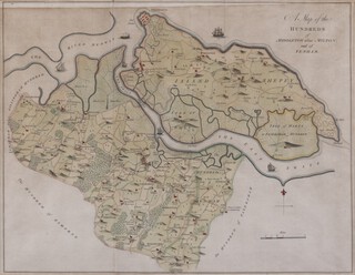 Edward Hasted (1732 -1812), "A Map of the Hundreds of Middleton alias Milton and of Tenham", 18th century engraving with hand-colouring, 38cm x 49cm, within a stained wood frame.