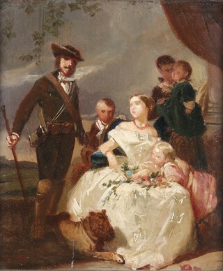 Circle of Franz Xaver Winterhalter (1805-1873), A Family Portrait Group, purportedly the British Royal Family, 19th century oil on panel, labels verso, 15cm x 15cm, within a gilt composition frame.