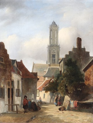Carel Lodewijk Hansen (Dutch, 1765-1840), Street Scene, probably Utrecht with the Dom Tower, oil on canvas, signed with initials, 46.5cm x 35cm, within a gilt composition frame.	