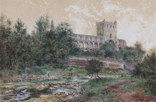 James Barbour Johnstone (British, 1816-1885), Jedburgh Abbey, watercolour, signed with monogram and dated 1885 recto, relevant newspaper article verso, 34cm x 51cm, within a gilt frame.