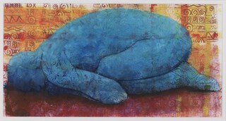Tor Hildyard, Hunched, acrylic and mixed media, 25cm x 48.5cm, within a painted wood frame.