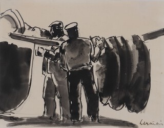 Josef Herman (Polish/British, 1911-2000), Scottish Fishermen mending Nets, pen with ink, signed, 17cm x 22.5cm, within an ebonized frame.