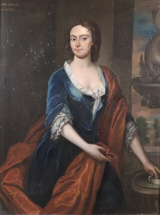 British School, Three Quarter Length Portrait of Elizabeth Creed nÃ©e Luscombe (1716-1762), 18th century oil on canvas, 118cm x 90cm, within a gilt composition frame.