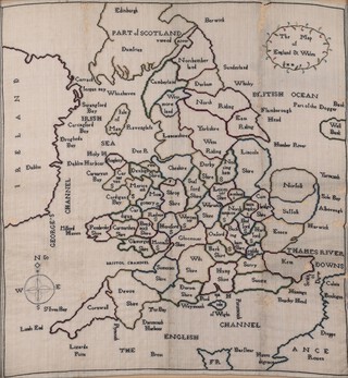 An 18th century needlework sampler map of England and Wales attributed to Hannah Hancox (1788-1832), label with biographical details verso, within an ebonised frame.	