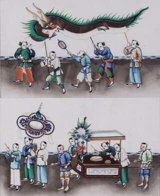 Chinese School, Dragon Dance and Parading Figures, a pair of 19th century gouache on pith paper, each 19cm x 30cm, both within painted wood frames.