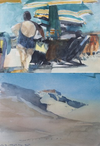 Ian Potts (British, 1936-2014), "Valley of the Kings, Egypt", watercolour, signed and titled lower left, 24cm x 33cm, together with another watercolour by the same hand, "At the Beach", both within oak frames. Note: Ian Potts was a distinguished British watercolourist and head of painting at Brighton University. A long-time educator, Potts mentored generations of artists including Turner Prize winner Rachel Whiteread. Represented in public collections including the V&A and the Arts Council, Potts exhibited widely throughout Britain and Europe