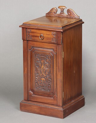 An Edwardian style carved hardwood bedside cabinet on a platform base 79cm h x 41cm w x 39cm d 