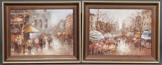 A pair of French oil paintings on canvas, impressionist Parisian market scenes with figures and buildings 29cm x 40cm  