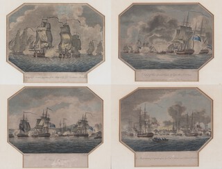 Four, 18th Century prints, naval engagements 15cm x 18cm, in ebonised frames 