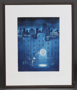 Stan Eales 1962, cartoon watercolour, moonlit scene with figure walking 29cm x 22cm, with Rae-Smith Gallery label to reverse
