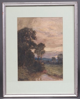 P Hardy-Smith, watercolour, river scene with trees and hills in distance 34cm x 24cm 