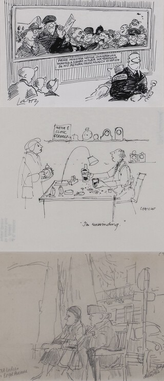 Larry (Terence Parkes) (British 1927-2003), "Prime Minister Neville Chamberlain waving a signed Hitler watercolour on his return from Munich 29 Sept 1938", pen with ink, signed and captioned, 12.5cm x 19cm, within a frame, a pen with ink cartoon by Ionicus (Joshua Armitage), "Iâ€™m Unwinding" and one other. (3)