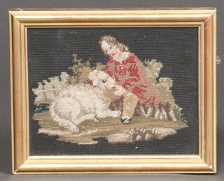 A Victorian Berlin wool work picture of a child with seated dog 14cm x 19cm 