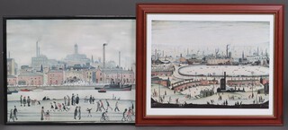 After L S Lowry, a coloured print, "Northern River Scene" 40cm x 60cm and 1 other "The Pond"  35cm x 45cm 