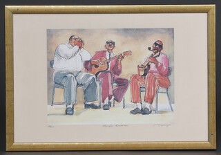 Susan Dysinger, limited edition coloured print "Blues Men" signed, no.139-500 25cm x 34cm 