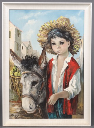 Dallas Simpson 1972, (1925-1984), oil on board, study of a standing Spanish boy with a donkey 80cm x 56cm 