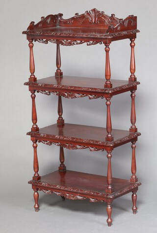 A Victorian style rectangular carved hardwood 4 tier what-not with 3/4 gallery 133cm h x 67cm w x 36cm d (front leg has been repaired)