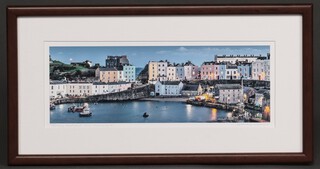 A coloured photograph "Tenby Harbour by Moonlight" signed to bottom right corner 11cm x 30cm 