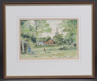 P Morris, watercolour, figures walking in a park, church steeple in distance 19cm x 28cm 