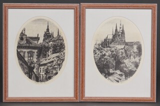 A pair of Continental limited edition monochrome prints, town scapes, Cathedrals with spires 23cm x 18cm, oval, marked 992/200 TW 92  