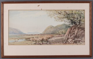 John Varley 1850-1933, pair of watercolours, lake scenes with hills in distance 24cm x 53cm (some foxing)