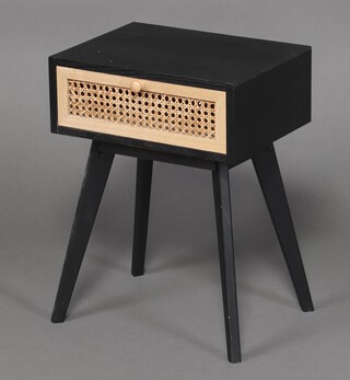 Scotvision, a mid-century rectangular ebonised and cane bedside table fitted a drawer on outswept supports 54cm h x 40cm w x 30cm d 