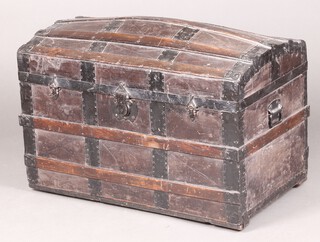 A Victorian leather bound wooden cabin trunk with domed lid, 58cm h x 86cm w x 50cm d 
