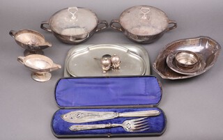 A pair of German Gebruder Hepp twin handled silver plated tureens marked The Royal Spa Hotel Oeynhausen, together with 2 matching sauce boats and other items of silver plated including a cased fish slice and fork 