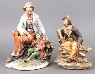 A Capodimonte figure of a seated father and son and 1 other of a seated gentleman with picnic and bird 