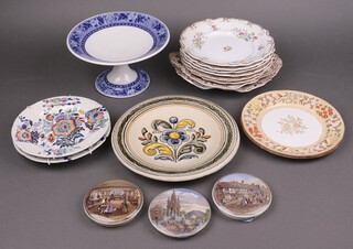 Three 19th Century Staffordshire Prattware pot lids together with an 8 piece ironstone dessert service with twin handled plate, dish and 6 plates (some cracking in places) and a small collection of decorative plates 
